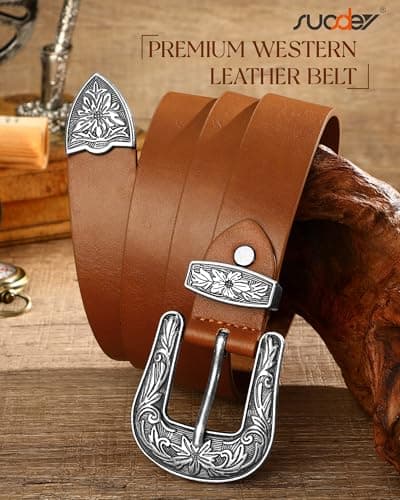 SUOSDEY Women Leather Belts for Jeans dresses Women Western Leather Belt with Vintage Metal Buckle - Thumbnail 5