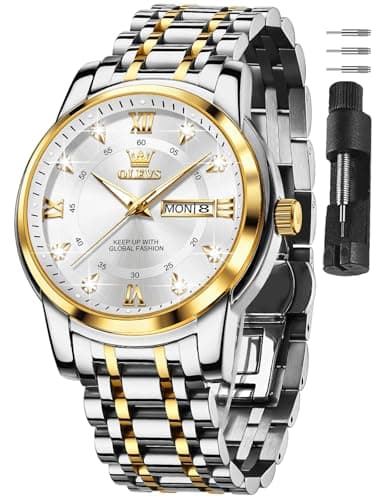 OLEVS Silver and Gold Watches for Men Two Tone Classic Stainless Steel Dress Watch Roman Numerals Large Face Simple Casual Men's Watch with Date Easy Read Big Face Reloj De Hombre - Image 1