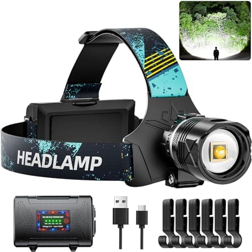 Dszuu Rechargeable LED Headlamp, Super Bright High Lumens Head Lamp, 90 Hour Standby Head Light with 9 Modes, IPX7 Waterproof Zoom Headlamps, 125° Adjustable Headlight for Camping, Adults
