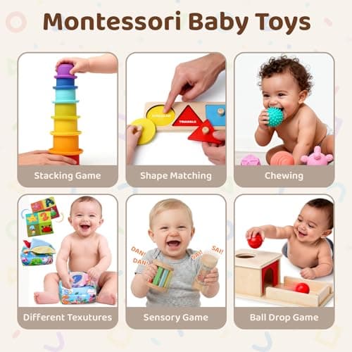 Montessori Toys for Babies 6-12 Months,1 Year Old,8 in 1 Baby Sensory Toy for 12-18 Months Toddler,Wooden Educational Development Toys with Soft Stacking Cup&Sensory Ball&Tissue Box - Thumbnail 3