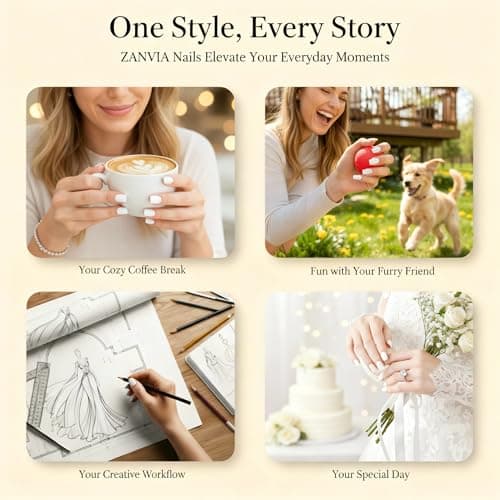 White Press On Nails Short Square - No Glue Natural Elegant Acrylic Fake Nail Design for Everyday or Wedding, Easy to Apply & Remove, 24 Nails in 12 Sizes with File - Thumbnail 5