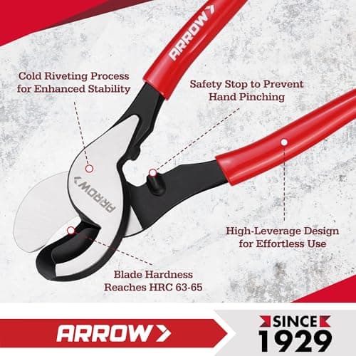 ARROW 9.5” Cable Cutter High Leverage, Wire Cutters Heavy Duty with Thick Dip-Grip Handle, CR-V Steel, Cutter Tool for 4/0 Aluminum, 2/0 Soft Wire, and 100PR 24AWG Communications Cable - Thumbnail 6