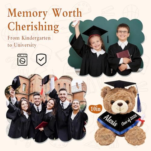 OELTTG 10'' Personalized Graduation Teddy Bear Gifts 2026 - Custom Name & Text, Graduation Gift for Her/Him, Kindergarten, High School & College Graduation Plush Bear with Cap & Diploma - Thumbnail 6