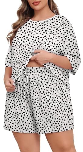 Lastshe Pajamas Set Women's Plus Size 2 Piece Soft Short Sleeve with Pockets Shorts Sleepwear Knit Pjs Loungewear Summer,White Leopard Print,4X - Image 1