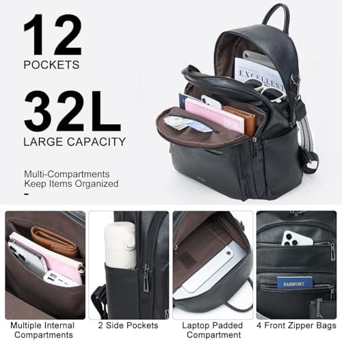 LATMAP Backpack Purse for Women Laptop Backpack, Leather Travel Back Pack Shoulder Bag Teacher College Daypack Work Handbag fits 14" Laptop, Black - Thumbnail 6