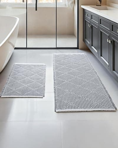 Furicher Waffle Bath Mat Set, Non Slip Bathroom Rugs Sets 2 Piece, Ultra Absorbent Long Bath Rug Runner for Bathroom Decor, Machine Washable Boho Mats, Grey & White, 20"×47" Plus 18"×30" - Image 1