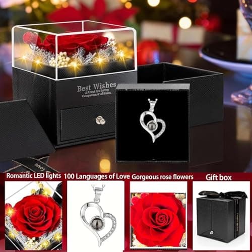 Preserved Real Red Rose with Heart Necklace I Love You in 100 Languages,Romantic Valentine's Day Gifts for Her, Christmas Gifts for Wife, Mother's Day, Birthday Gifts，Anniversary Gifts for Girlfriend - Thumbnail 2
