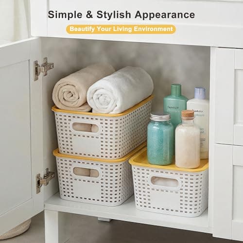AREYZIN 6 Pack Plastic Storage Bins with Lid,Stackable Storage Bins and Storage Baskets for Shelves,Small Baskets for Organizing, Small Storage Bins,10.2x7.2x4.1 Inch, White - Thumbnail 4