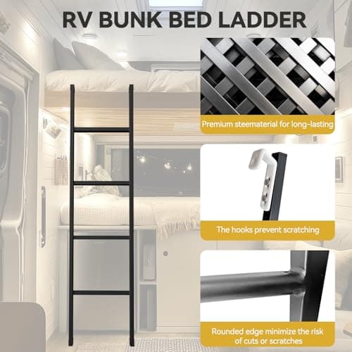 66inch RV Bunk Bed Ladder, 66" Heavy Duty Travel Trailer Bed Ladders, Metal Camper Bunk Bed Ladder with 4 Hook and Foot Caps, 330 LBS Loading Twin Bed Step Ladder Portable Stairs Steps, Black - Thumbnail 3