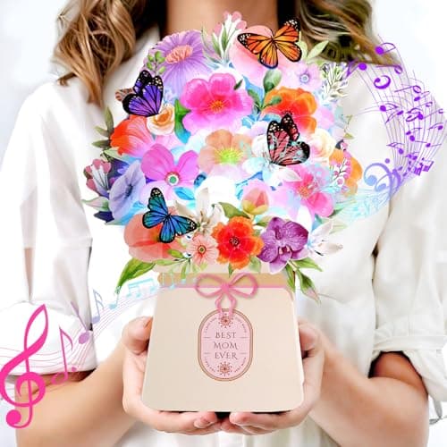 LIGHTS & MUSIC Mothers Day Pop Up Card, Orchid, Lily and Butterflies, 10 Inch Life Sized Forever Flower Bouquet Mother’s Day Cards from Daughter, Son, Husband, Gifts Cards for Mom Wife Grandma