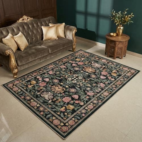 Cnythlis 5'x7' Living Room Area Rug, Washable Non-Slip Backing Vintage Floral Carpet, 0.26" Low Pile Faux Wool Soft Rug, Water Stain Resistant Distressed Retro for Bedroom Dining Room, Charcoal Green - Image 1