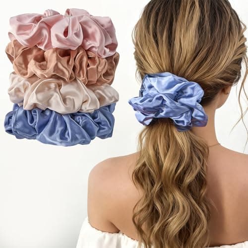 Lolalet Big Satin Scrunchies for Women, 5.9 Inch Large Oversized Scrunchie, Soft Jumbo/Giant Scrunchies Hair Ties for Thick & Curly Hair -4 Pack, Blue/Caramel/Pink/Champagne - Image 1
