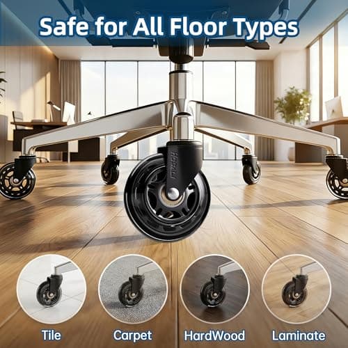 HOSALI 3 Inch Office Chair Wheels - Rubber Chair Casters Replacement, Heavy-Duty Computer Gaming Desk Caster Wheel Smooth & Safe Rolling for All Floors Including Hardwood and Carpet, Set of 5 - Thumbnail 4