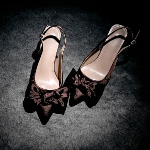 RUSAUISE Brown Heels Slingback Kitten Heels with Bow Satin Dressy Pointed Toe Pumps Work Shoes for Office Business Ballroom Evening Chocolate Size 10 - Thumbnail 5