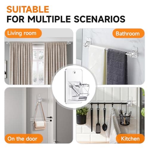 Universal Curtain Rod Holders, No Drill Curtain Rod Brackets, Self Adhesive Curtain Rod Brackets Up to 30 LB, Nail Free Curtain Rod Hooks for Bathroom, Bedroom, Livingroom, Kitchen (8PC, Transparent) - Thumbnail 6