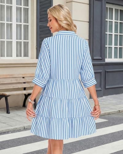AUSELILY Summer Babydoll Dresses 3/4 Sleeve Button Down Casual A-Line Mini Cute Sundress Loose Flowy Dress with Pockets - Thumbnail 2
