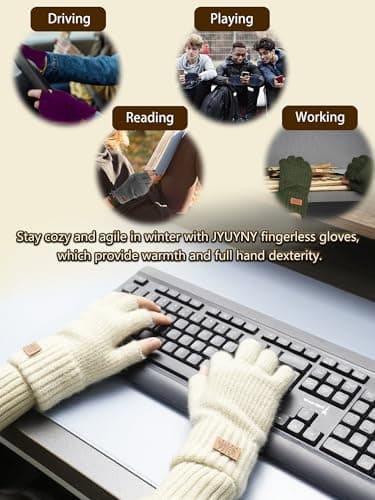 JYUYNY Fingerless Gloves for Women Men, Winter Warm Alpaca Wool Stretch Knit Adult Half Finger Glove for Typing, Driving (Black, White) - Thumbnail 4