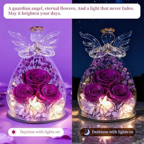 Puppiluv Preserved Rose Gifts for Women, Forever Flowers Eternal Roses in Glass Angel Figurines, Fresh Flowers for Delivery Prime, Birthday Gifts for Mom Her Wife Grandma on Anniversary, Pure Purple - Thumbnail 3