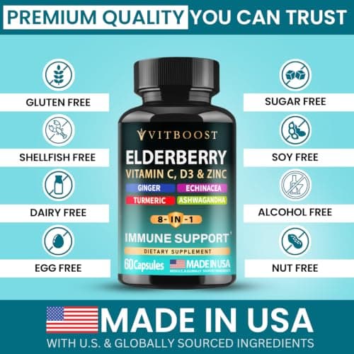 Elderberry Immune Support Supplement 8-in-1 Formula with Echinacea, Vitamin C & Zinc, Vitamin D 5000 IU, Turmeric, Ginger, Ashwagandha – 60 Capsules - Thumbnail 3