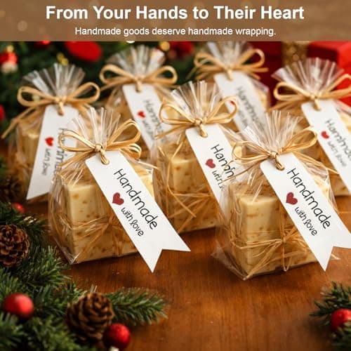 Plastic Cellophane Bags 4.7x7", 100 Pack Clear Goodie Treat Wrappers with Raffia Ties & Tags for Wrapping Homemade Soap Craft Gift Wedding Cookies Candy Snack Party Bakery Favors Christmas (White Tags) - Thumbnail 6