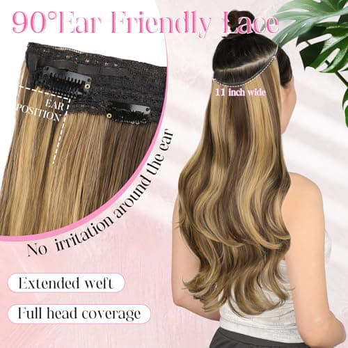 Invisible Wire Hair Extensions with Transparent Wire Adjustable Size 4 Secure Clips Long Wavy Secret Hairpiece 20 Inch for Women(Balayage Chocolate Brown to Caramel Blonde) - Thumbnail 5