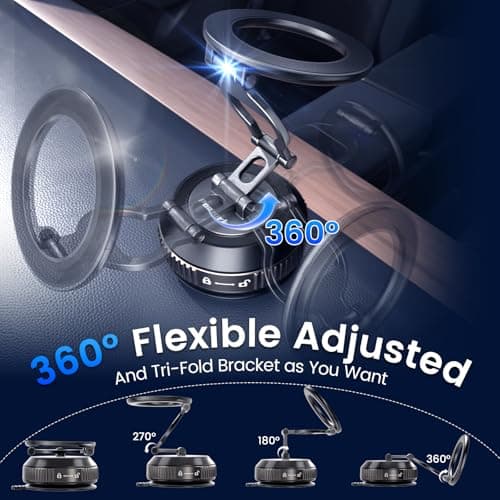 Tri-Folding Car Phone Holder for Magsafe[80+LBs Strongest Suction & 2850gf Strongest Magnetic], 360°Adjustable Phone Holders for Car, Suction Cup Phone Mount for iPhone17Pro Max /16/15/14Series，Black - Thumbnail 3