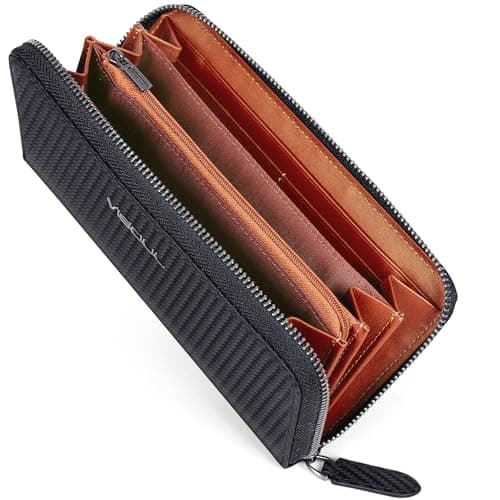 VISOUL Leather Long Zippered Pouch Wallet for Men with RFID Blocking Two-tone, Large Carbon Fiber Leather Clutch Cash Long Wallet with Zipper (Black+Orange) - Image 1