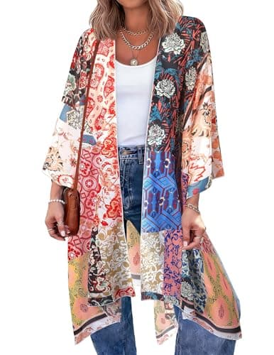 BB&KK Swimsuit Coverup for Women Chiffon Kimono Boho Floral Beach Bathing Suit Cover Ups for Swimwear Casual Loose Summer Cardigan Vocation Hawaii Outfit S - Image 1