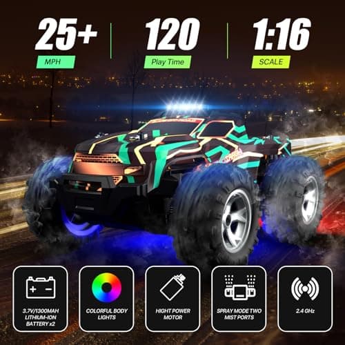 Resosese Remote Control Car for Boys, 1:16 Scale All Terrain RC Cars,High Speed 25Km/h Fast Car with Colorful Led Light and Spray RC Truck,Toy Car Gift for 6 7 8 9-14 Year Old Boys - Thumbnail 2