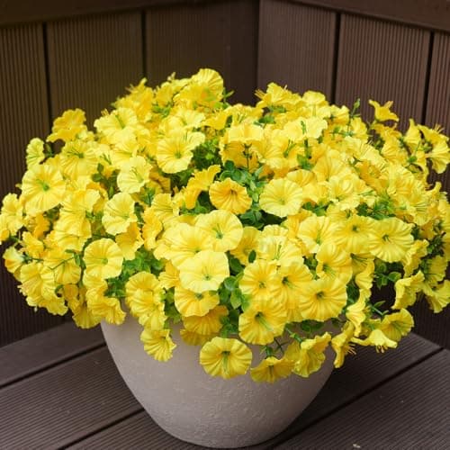 maxkes Artificial Flowers for Outdoors, UV Resistant Fake Silk Morning Glory, Realistic Faux Plants for Outside Porch Patio Window Box Hanging Planter (16, Yellow) - Image 1