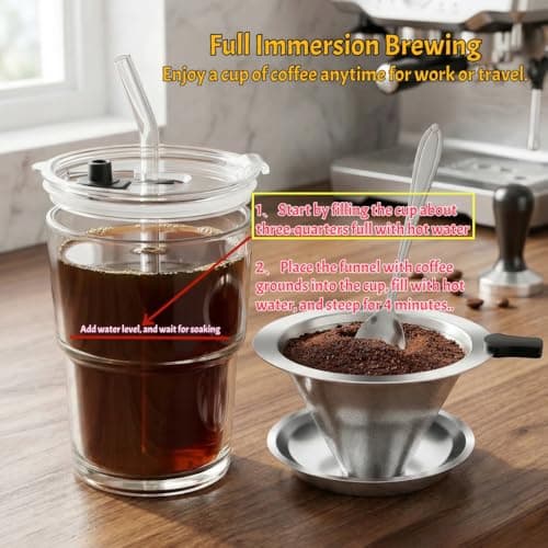 NANSPATH Single Serve Immersion Coffee Maker, Glass Pour Over Coffee Dripper with Reusable Stainless Steel Filter, Manual Coffee Brewer Cup for Home Office Travel-TMF - Thumbnail 3