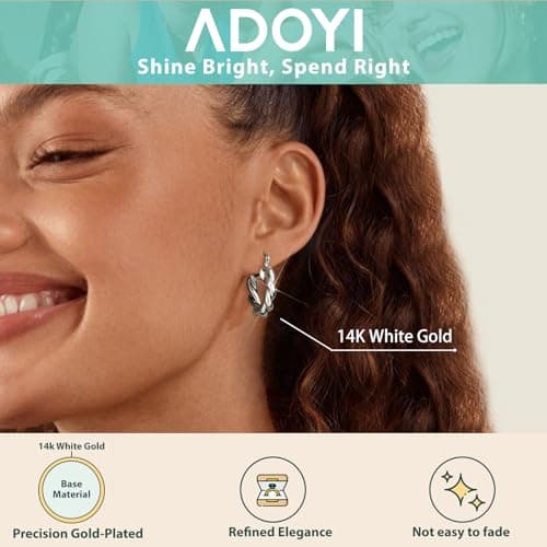 Adoyi Silver Hoop Earrings Set for Women Girls Gold Twisted Huggie Hoops Earrings 14K White Gold Plated Earrings for Women Lightweight 9 Pairs jewelry for women Girl Gift - Thumbnail 6