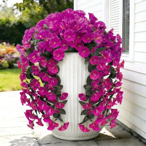 Artificial Flowers for Outdoors Fake Fuchsia Morning Glory Hanging Flower Decoration, 2Pcs Realistic Faux Plants Petunias Long Trailing Vines,Spring Decor for Porch Patio Balcony Planter Yard