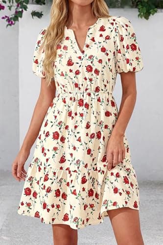 dowerme Women Summer Casual Dresses 2026 Puff Short Sleeve V Neck Floral Boho Midi Dress Flowy Ruffle Spring Sundress(Floral Apricot Red,Medium) - Thumbnail 2