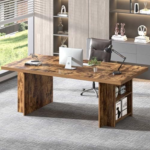 FOLUBAN Large Executive Office Desk, 70" Long Computer Desk with Side Storage Shelves, Vintage Wood Conference Table Workstation for Home Office, Two Person Gaming Study Writing Table, Rustic Brown - Thumbnail 3