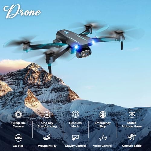 Drone with 1080P FPV Camera, Drone for Kids Adults with One Key Take Off/Land, Altitude Hold, 3D Flip, Waypoint Flight, Gestures Selfie, Gravity Control, 3 Speed, 2 Battery, Mini Drone with Camera for Kids 8-12 10-15, Beginners - Thumbnail 2