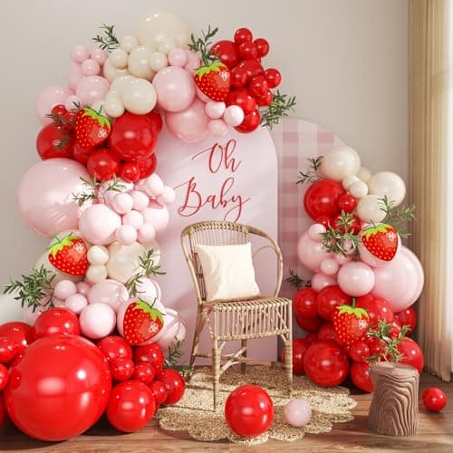 Strawberry Balloons Arch Garland Kit, 124Pcs Red and Pink Balloons with Strawberry Card for Sweet One Berry First Birthday Baby Shower Decorations - Image 1