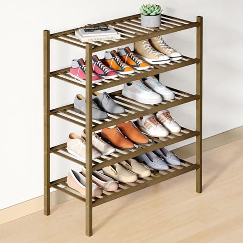 Smiry Bamboo Shoe Rack for Closet, 5 Tier Wooden Stackable Shoe Organizer, Free Standing Shoes Storage Shelf for Entryway, Front Door Entrance, Walnut - Image 1