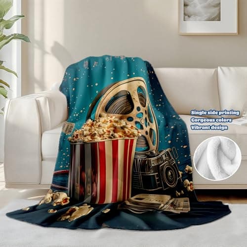 keepitcozi Movie Popcorn Throw Blanket for Adult Kids, Movie Theater Cinema Gifts Blanket Home Room Decor for Women Men, Flannel Soft Blanket for Bed Couch 50"x60" - Thumbnail 2