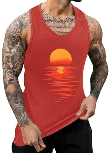ONLYSTORY Mens Casual Summer Tank Tops Tropical Beach Printed Graphic Crewneck Sleeveless Shirts Workout Gym Muscle Tops Hawaii Vacation Red Sun Sea, M - Image 1