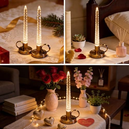 JandCase Flameless Candles, Rechargeable Pillar Candles Battery Operated 2 Pack, LED Acrylic Crystal Electric Candles, Dimmable Small Cordless Table Lamp for Valentines Wedding Centerpiece Decorations - Thumbnail 6