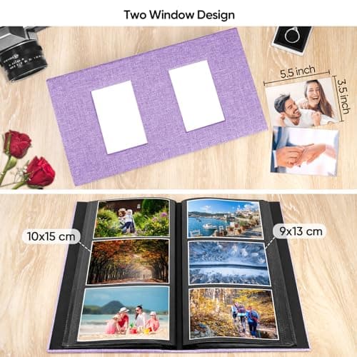 MSTONAL Photo Album 4x6 300 Pockets for Wedding Gifts, Linen Hardcover Memory Book with Front Window for Family Anniversary School Baby Travel Pictures Holds 300 Horizontal Photos, Purple - Thumbnail 3