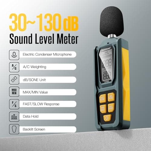 Decibel Meter, Goldeep SL750A Digital Sound Level Meter 30-130dB, A/C Weighted DB Meter with dB/SONE, Fast/Slow, MAX/MIN, LCD Sound Meter for Home, Office, Factory, Neighbor Noise - Ginger Yellow - Thumbnail 2