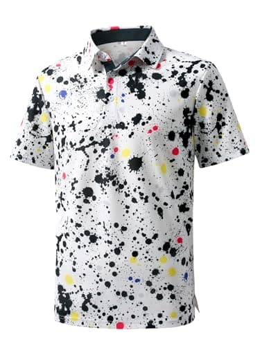 JEMLDL Golf Polo Shirts for Men Dry Fit Summer Short Sleeve Slim Fit Performance Moisture Wicking Casual Printed Collared Polo Shirt White Splatter 3XL - Image 1