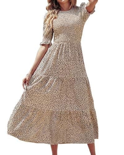 BTFBM Women Casual Summer Dresses 2026 Spring Crew Neck Ruffle Short Sleeve Smocked Floral Boho Flowy Maxi Dress Clothes(Dot Apricot Coffee, Small) - Image 1