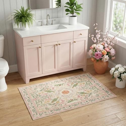 Cnythlis 2'x3' Boho Small Area Rug, Washable Non-Slip Silicone Backing Door Mat, 0.26" Low Pile Faux Wool Foldable Rug for Entryway Bathroom Kitchen Indoor Decor, Garden Pink - Image 1