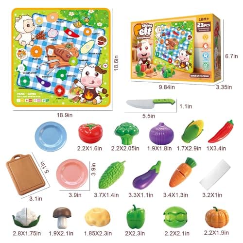 Zymari Pretend Play Food for Kids Kitchen with Pattern-Matching Felt Board, Cutting Toy Food with Storage Bag, Fake Fruit Learning Toys for Toddlers Boys Girls,Gift for Children Birthday (Vegetables) - Thumbnail 5