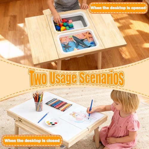 TTSZNB Large Solid Pine Wood Table with Flip Top, Activity Table with 2 Storage Bins & Double-Sided Board, Indoor/Outdoor Play Sand and Water, Multi-Functional Desk for Drawing Studying Dining - Thumbnail 3