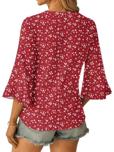 GKBK Women's Blouses Ruffle 3/4 Sleeve Dressy Top V Neck Casual Tunic Blouses Business Shirts Red M - Thumbnail 6