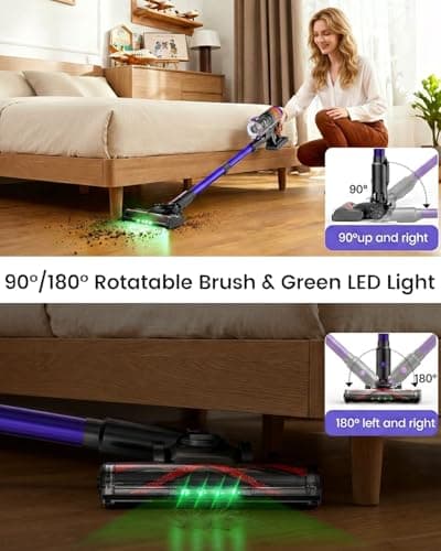 COTIAR Cordless Vacuum Cleaner,500W 40KPa 120Mins Runtime with 2 Batteries,Anti-Tangle Stick Vacuum with Green Light,Rechargeable Wireless Vacuum for Pet Hair/Carpet/Hardwood Floor,Purple - Thumbnail 5